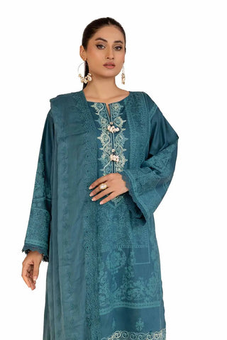 GUL AHMED -3PC Unstitched Embroidered Printed Cambric Suit with Embroidered Chiffon Dupatta PM-42044