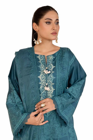 GUL AHMED -3PC Unstitched Embroidered Printed Cambric Suit with Embroidered Chiffon Dupatta PM-42044