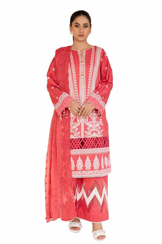GUL AHMED -3PC Unstitched Embroidered Printed Cambric Suit with Embroidered Chiffon Dupatta PM-42045