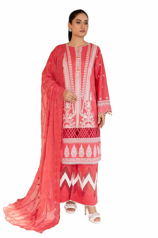 GUL AHMED -3PC Unstitched Embroidered Printed Cambric Suit with Embroidered Chiffon Dupatta PM-42045