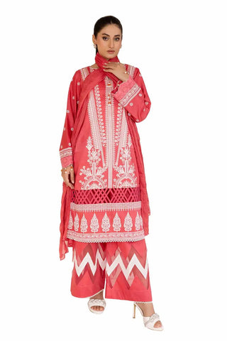 GUL AHMED -3PC Unstitched Embroidered Printed Cambric Suit with Embroidered Chiffon Dupatta PM-42045