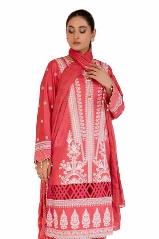 GUL AHMED -3PC Unstitched Embroidered Printed Cambric Suit with Embroidered Chiffon Dupatta PM-42045