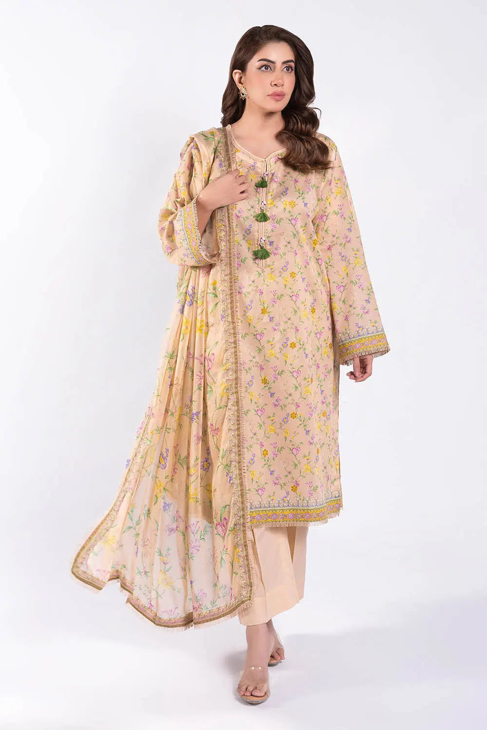 GUL AHMED -3 Piece Unstitched Embroidered Printed Lawn Suit with Embroidered Printed Chiffon Dupatta BM-52027