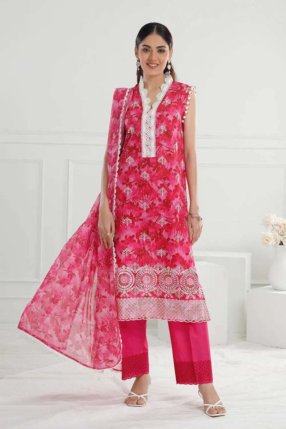 GUL AHMED-3 Piece Unstitched Embroidered Printed Lawn Suit with Embroidered Printed Chiffon Dupatta PR-52004