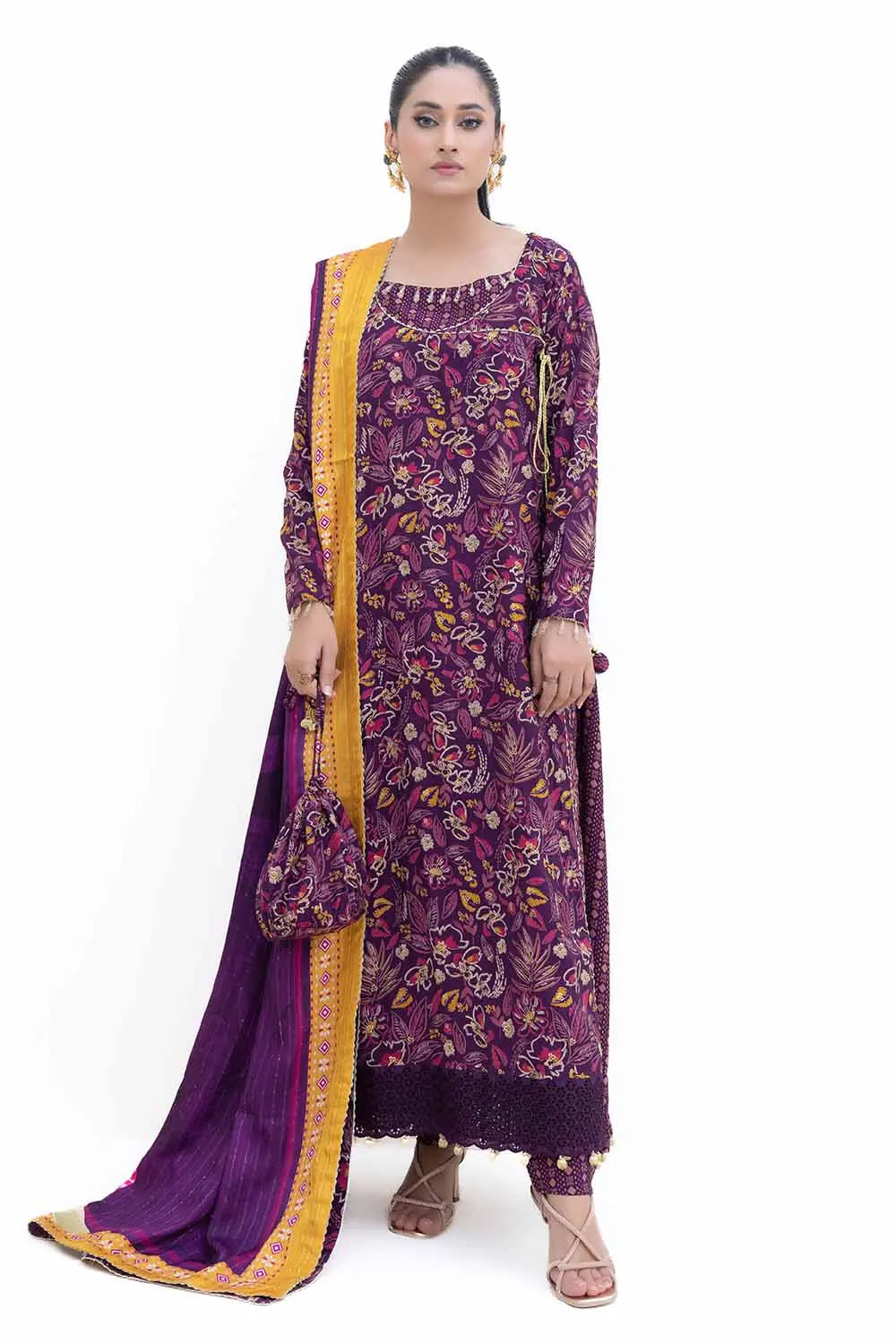 GUL AHMED -3PC Unstitched Gold Printed Polyestor Suit with Printed Sequins Stripe Dupatta SP-42047