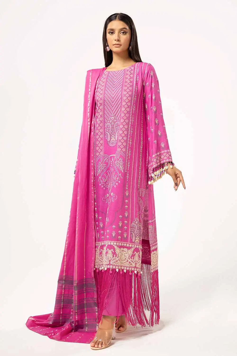 GUL AHEMD -3 Piece Unstitched Lacquer Printed Stripe Karandi Suit with Yarn Dyed Dupatta YD-42001